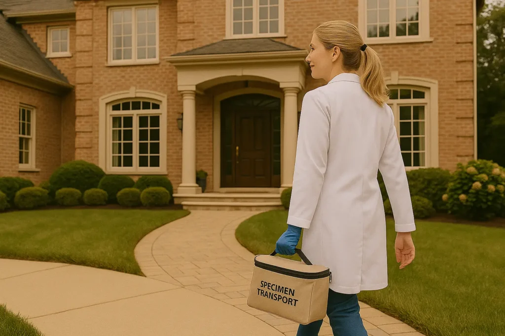 Mobile phlebotomist arriving at a patient’s home for an at-home blood draw appointment