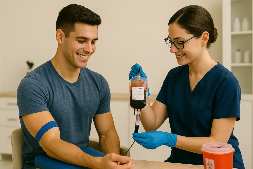 Phlebotomist performing an at-home blood draw for a patient