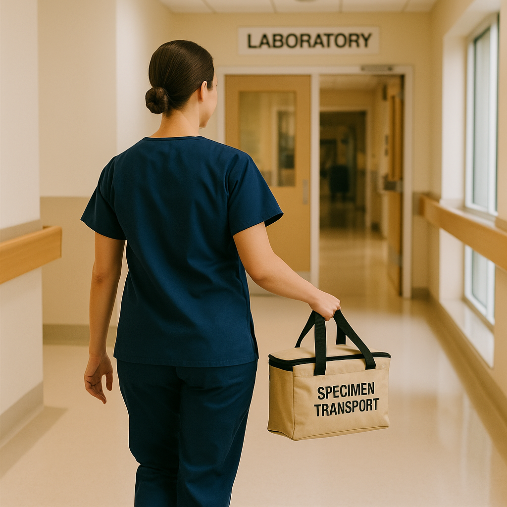Female phlebotomist in navy scrubs walking through a hospital hallway carrying a beige specimen transport bag toward a laboratory.