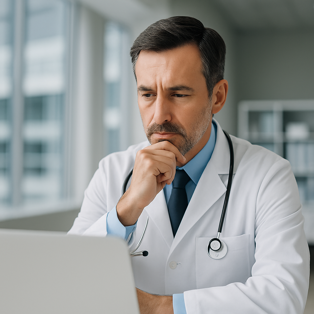 Doctor in a hospital office reviewing information on a laptop, appearing thoughtful while developing a care or service plan.