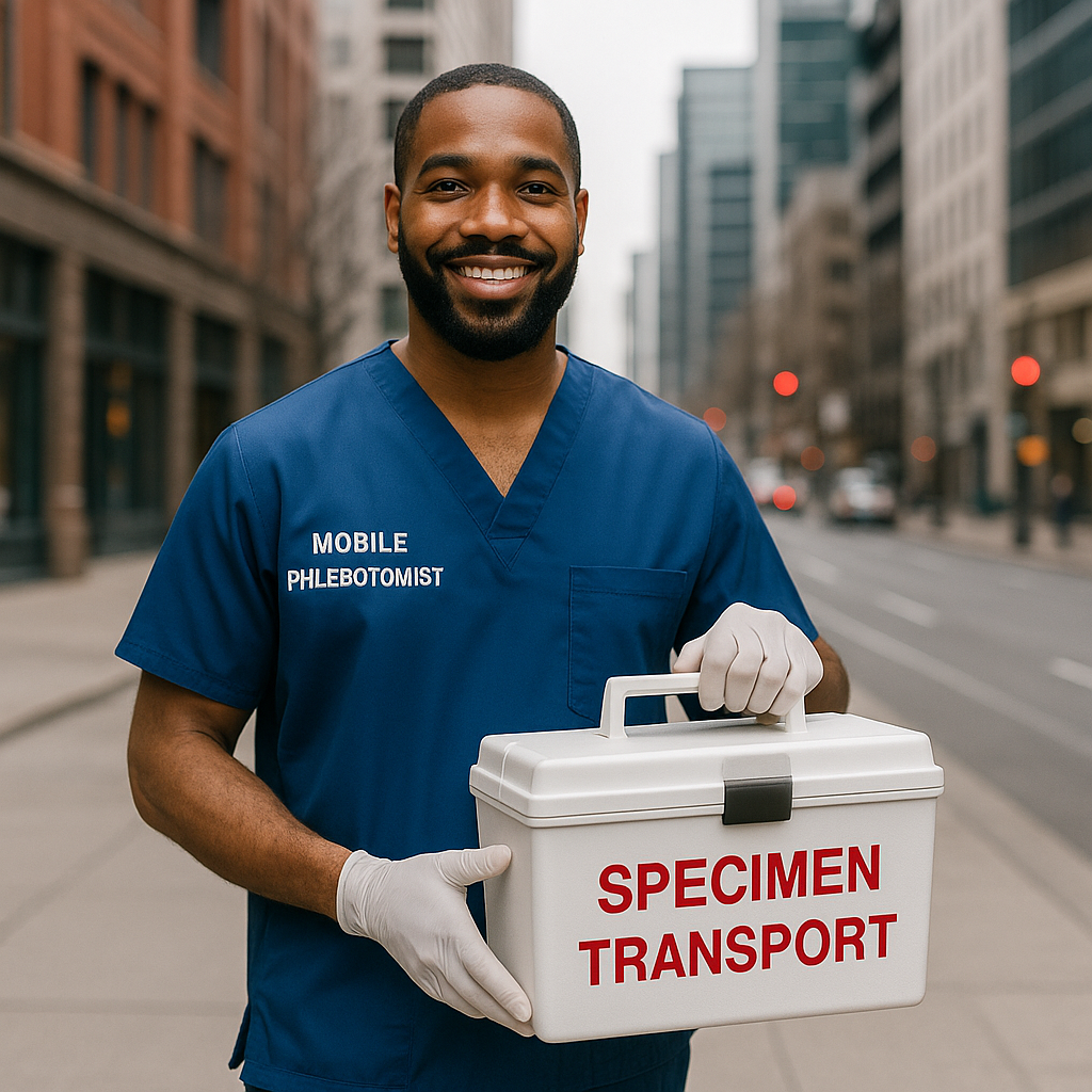 Maryland, a phlebotomist in scrubs holding a biohazard box and specimen