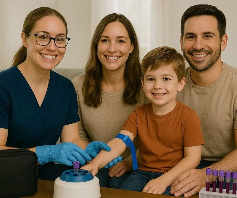 Mobile phlebotomist performing a pediatric blood draw at home with child and parents present